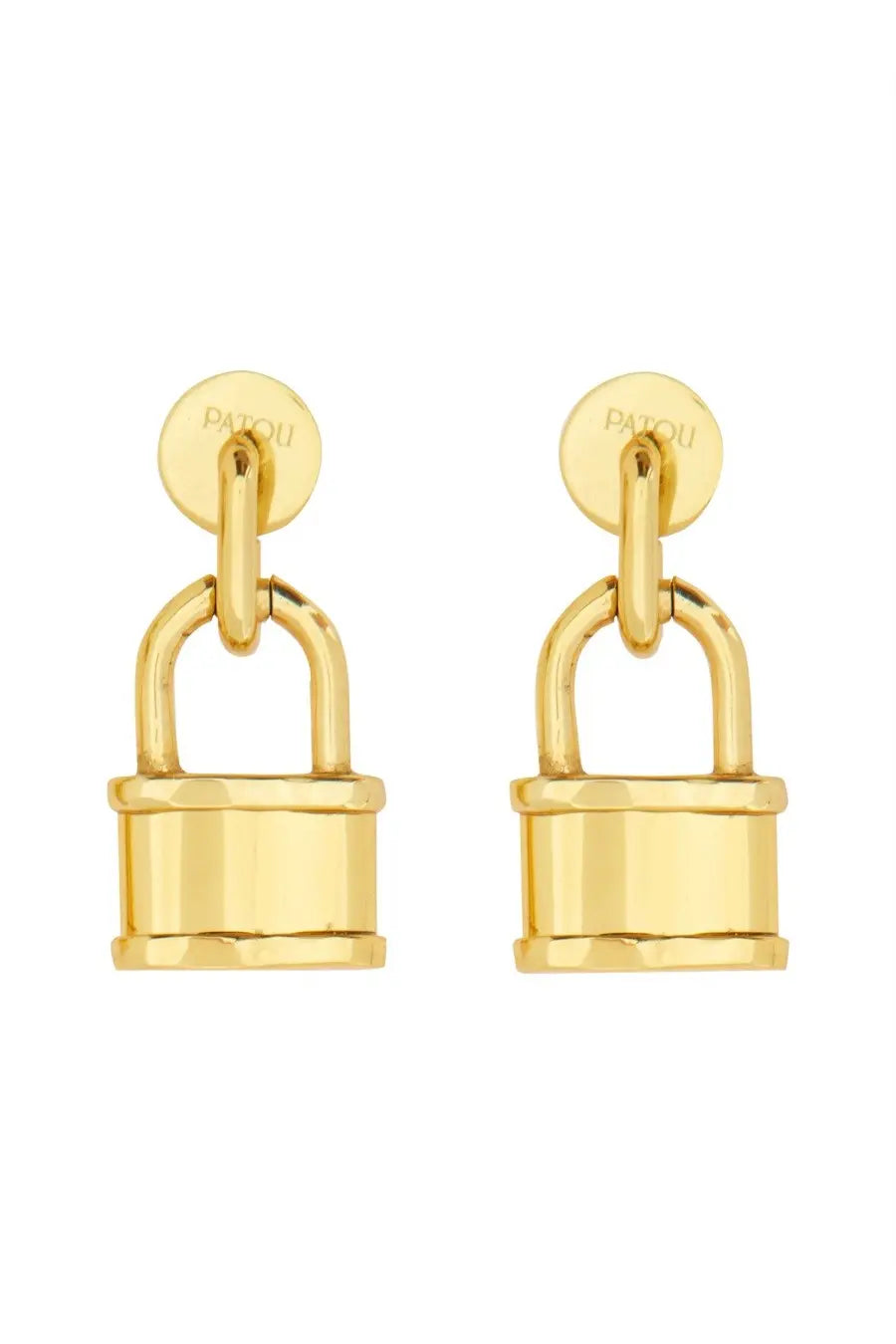 Patou women’s extra small gold padlock earrings with polished metallic finish and brand name engraved on the back