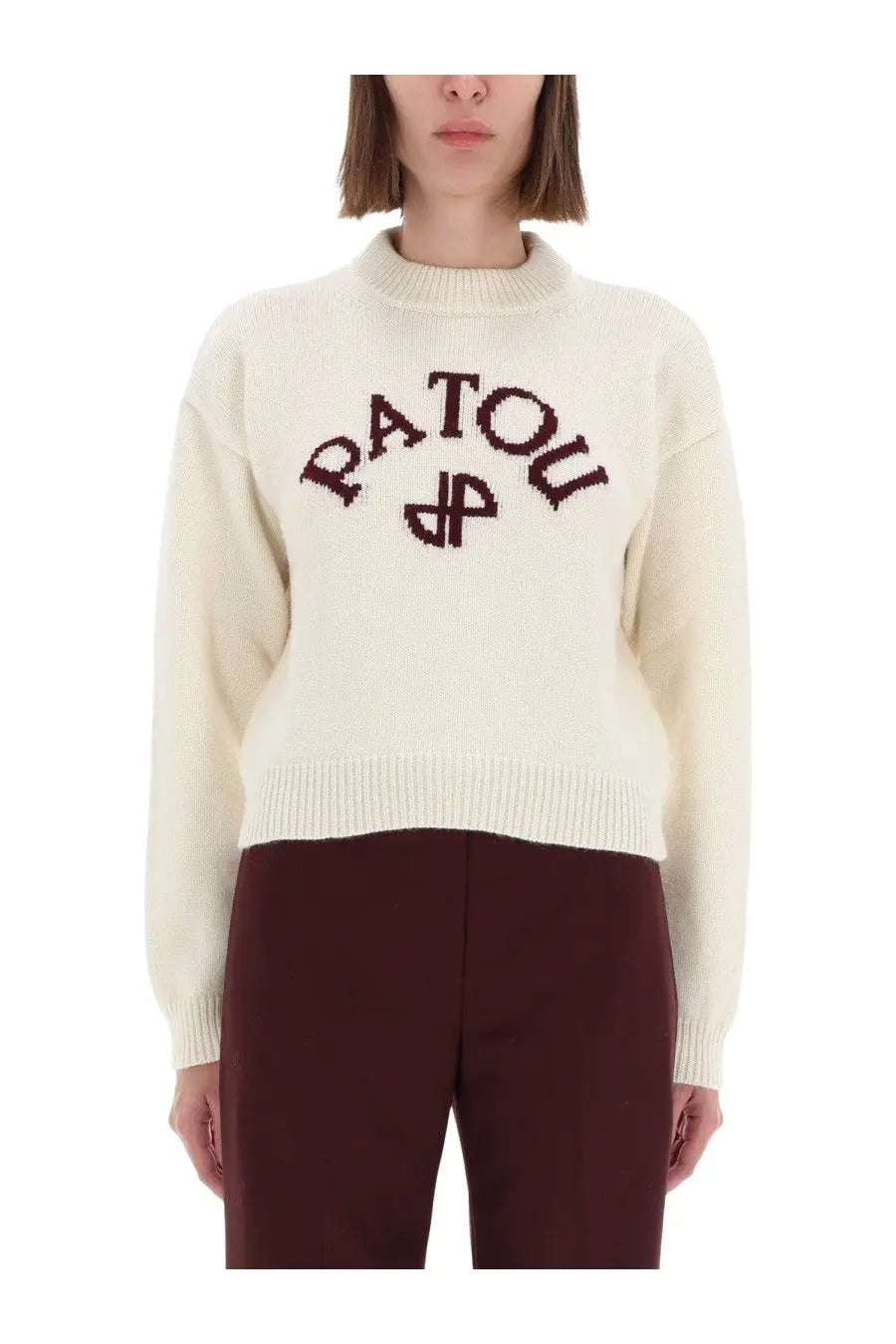 Cream-colored knit sweater with patou embroidered in dark brown across the chest for women