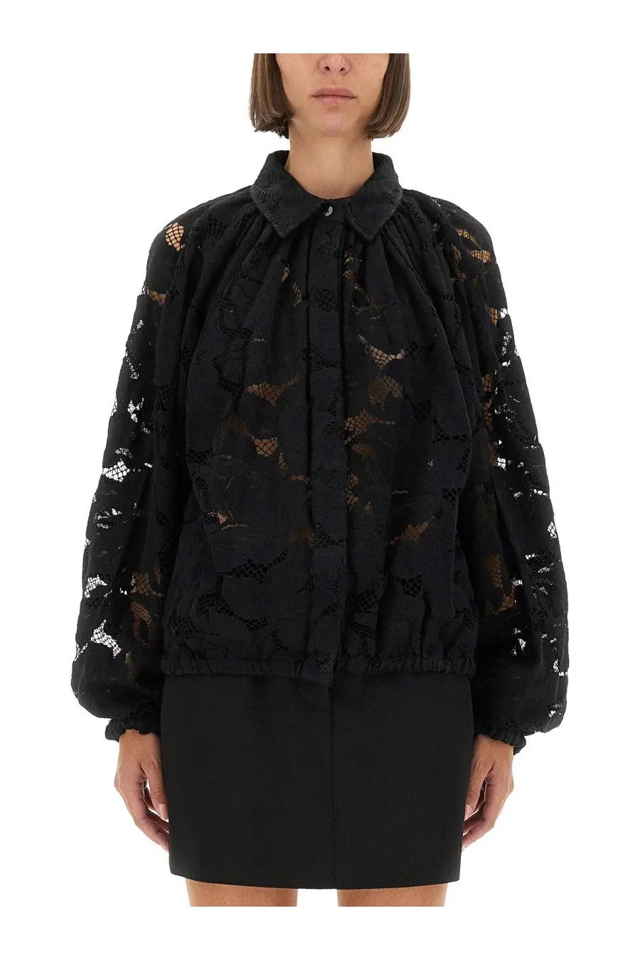 Patou women’s black lace balloon blouse with gathered collar and long puffed sleeves