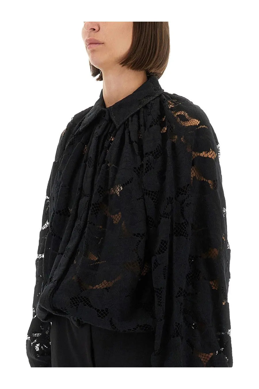Patou women’s black lace balloon blouse with gathered neckline and sheer patterned fabric