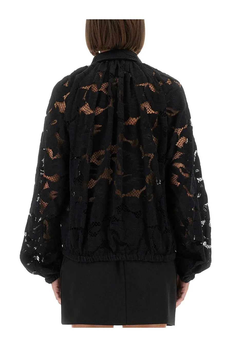 Patou women’s black lace balloon blouse with intricate floral patterns and puffed sleeves in lace fabric