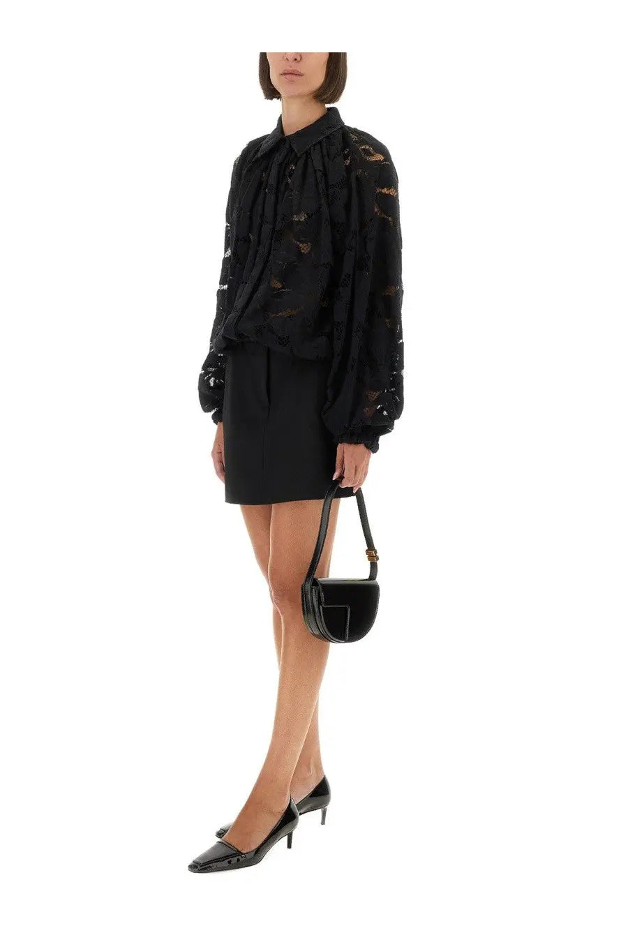 Black velvet mini handbag with gold-tone hardware paired with patou women’s lace balloon blouse black