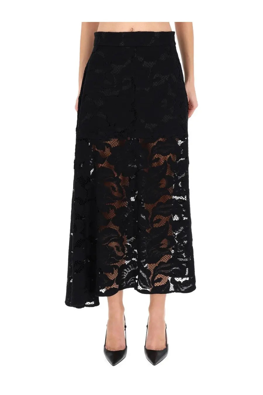 Patou women’s black lace midi skirt with floral pattern and sheer overlay for elegant occasions