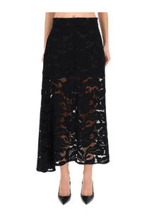 Patou women’s black lace midi skirt with floral pattern and sheer overlay for elegant occasions