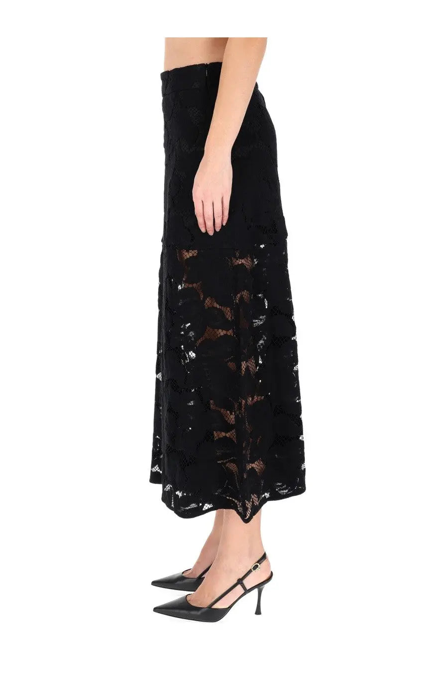 Patou women’s black lace midi skirt with intricate floral patterns and flowing elegant silhouette