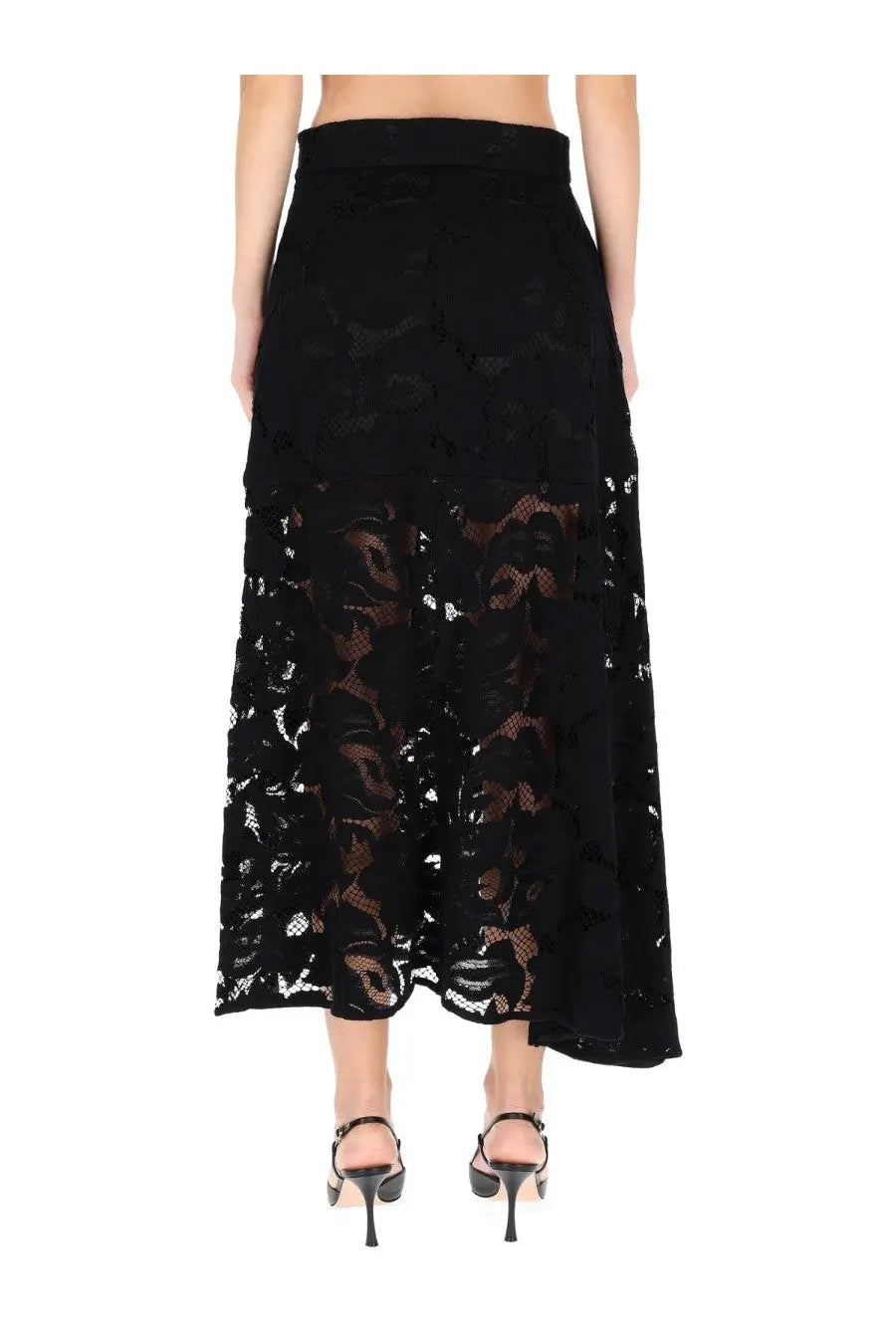 Patou women’s black lace midi skirt with intricate floral patterns and high waistband in delicate lace fabric