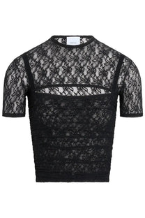 Patou women’s black lace crop top with floral pattern and short sleeves in delicate lace material