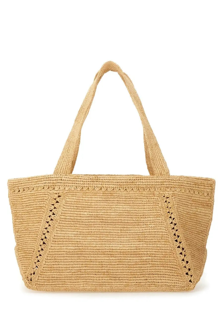 Patou women’s large trapeze tote bag in beige woven straw with geometric crochet detailing and sturdy handles