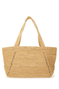 Patou women’s large trapeze tote bag in beige woven straw with geometric crochet detailing and sturdy handles