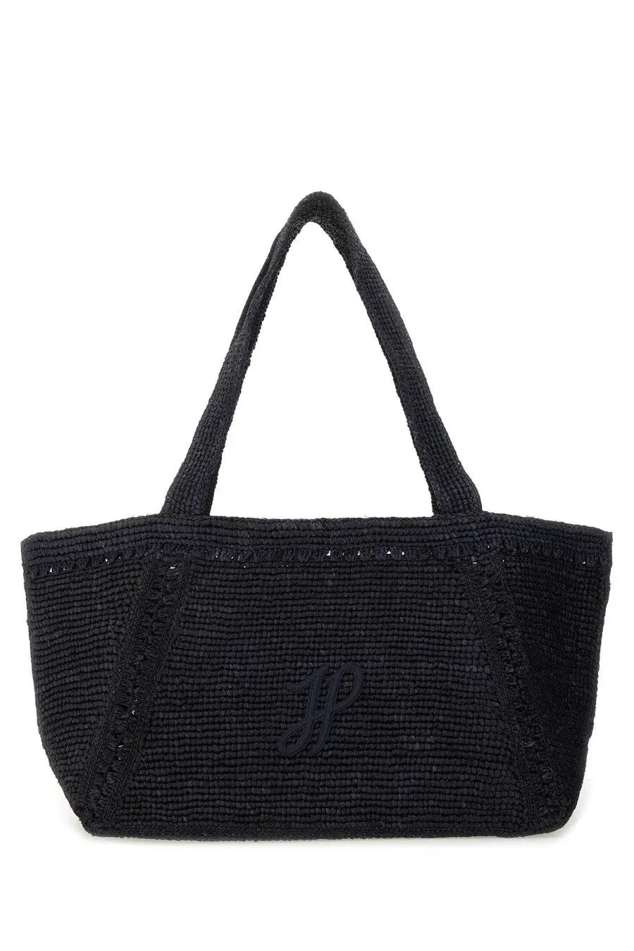 Patou women’s large trapeze tote bag in black woven material with subtle embroidered monogram on the front