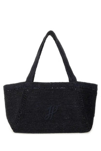 Patou women’s large trapeze tote bag in black woven material with subtle embroidered monogram on the front