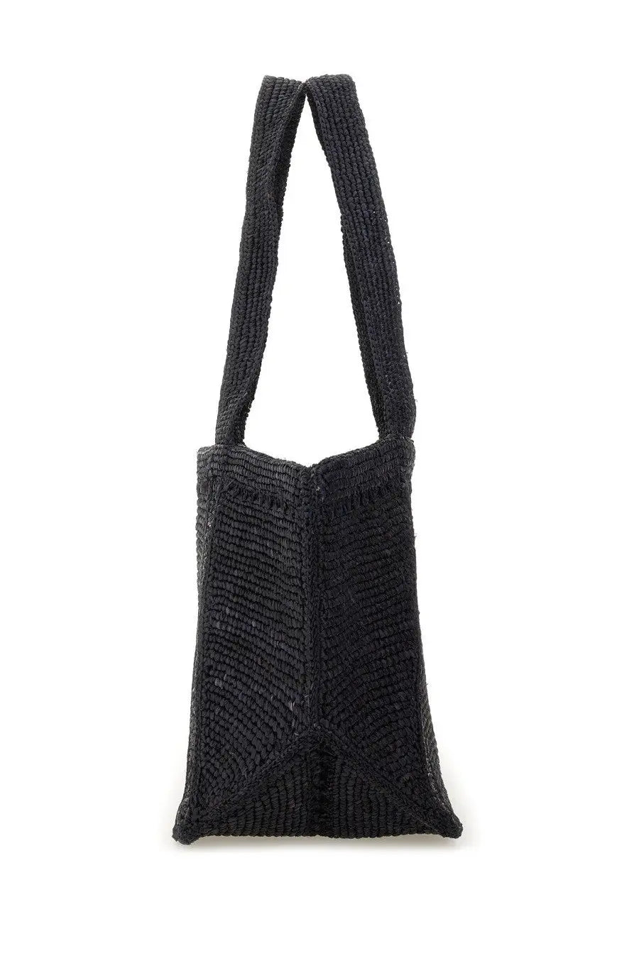 Black Patou women’s large trapeze tote bag with woven textured ribbed straps and body for stylish carrying