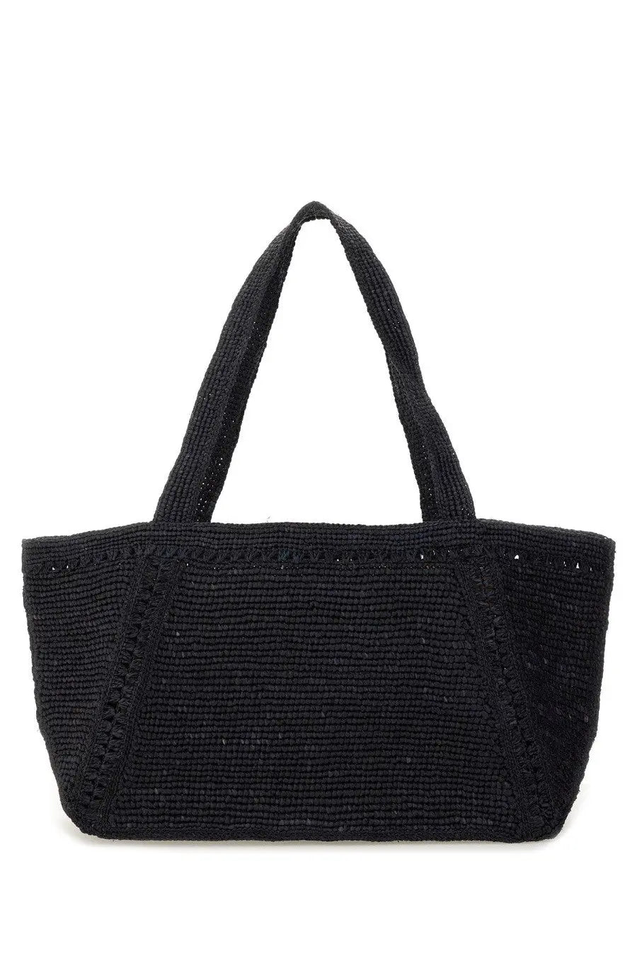 Black woven tote bag with textured braided handles and subtle decorative stitching for patou women’s large trapeze tote bag blue