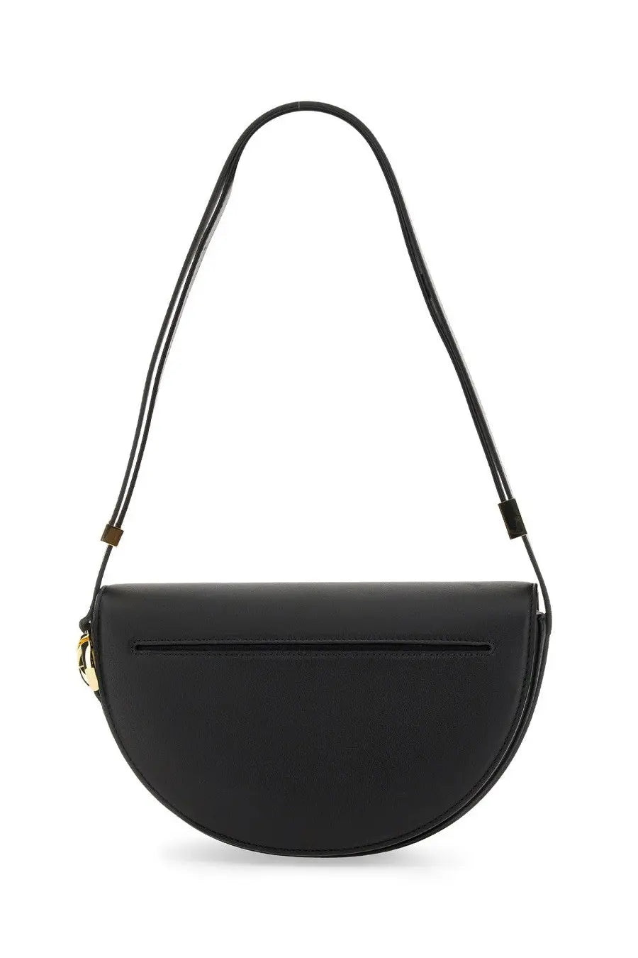 Patou women’s black leather half-moon crossbody bag with gold-tone hardware and adjustable slender strap