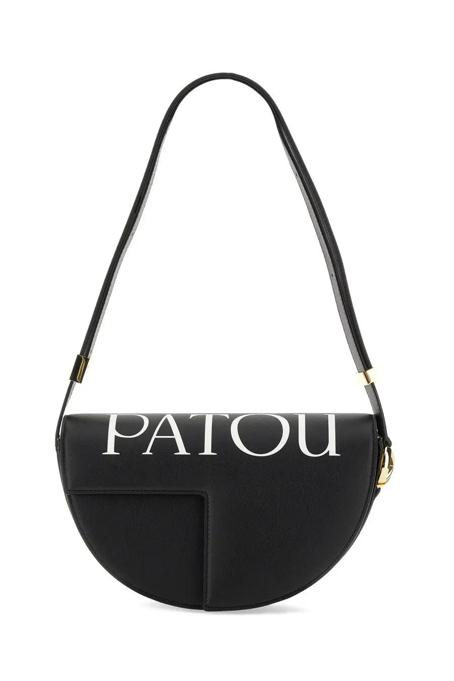 Black Patou leather half-moon shoulder bag with white lettering and gold-tone hardware for women