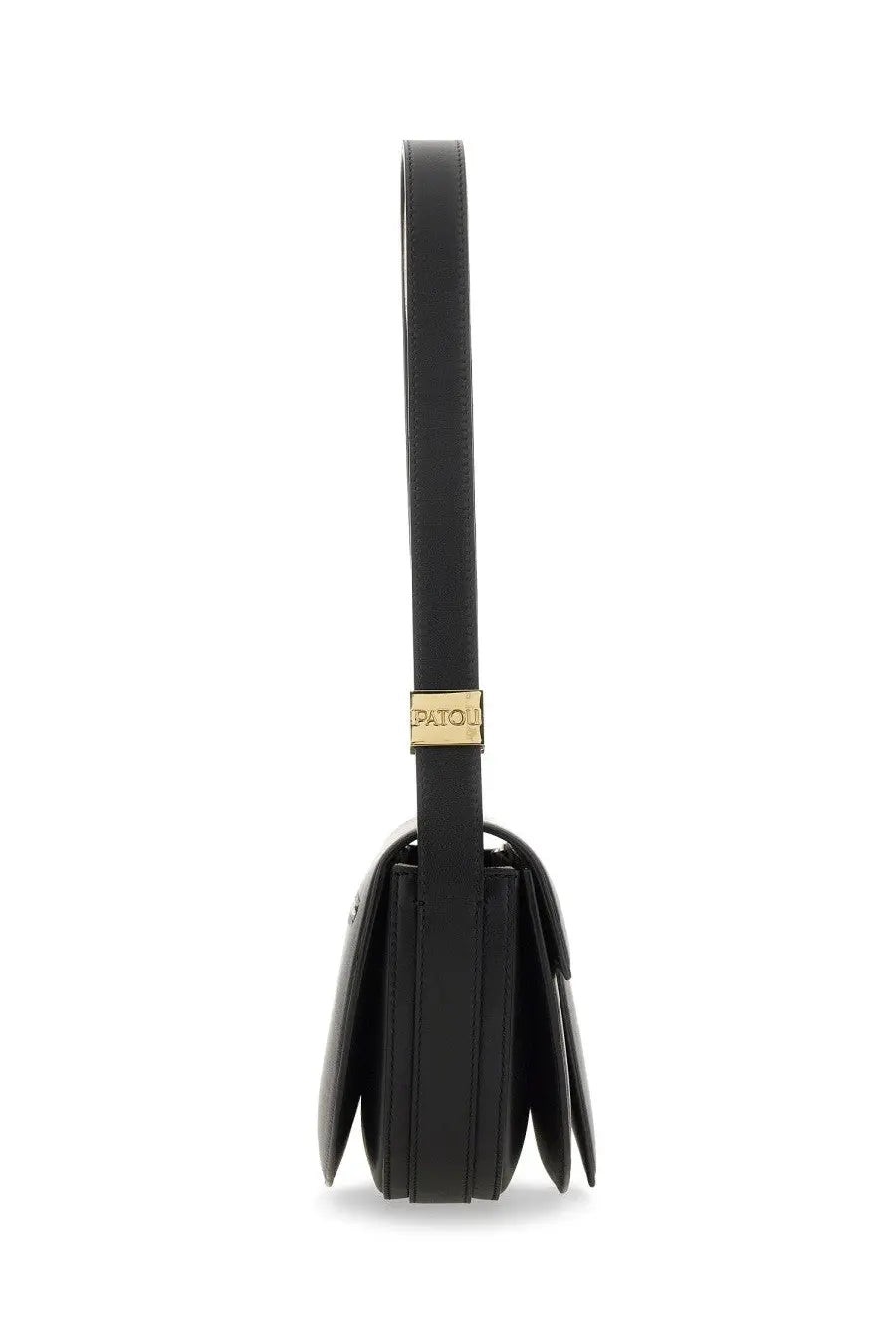 Black leather shoulder bag for women by patou featuring a gold-tone patou plaque on the strap