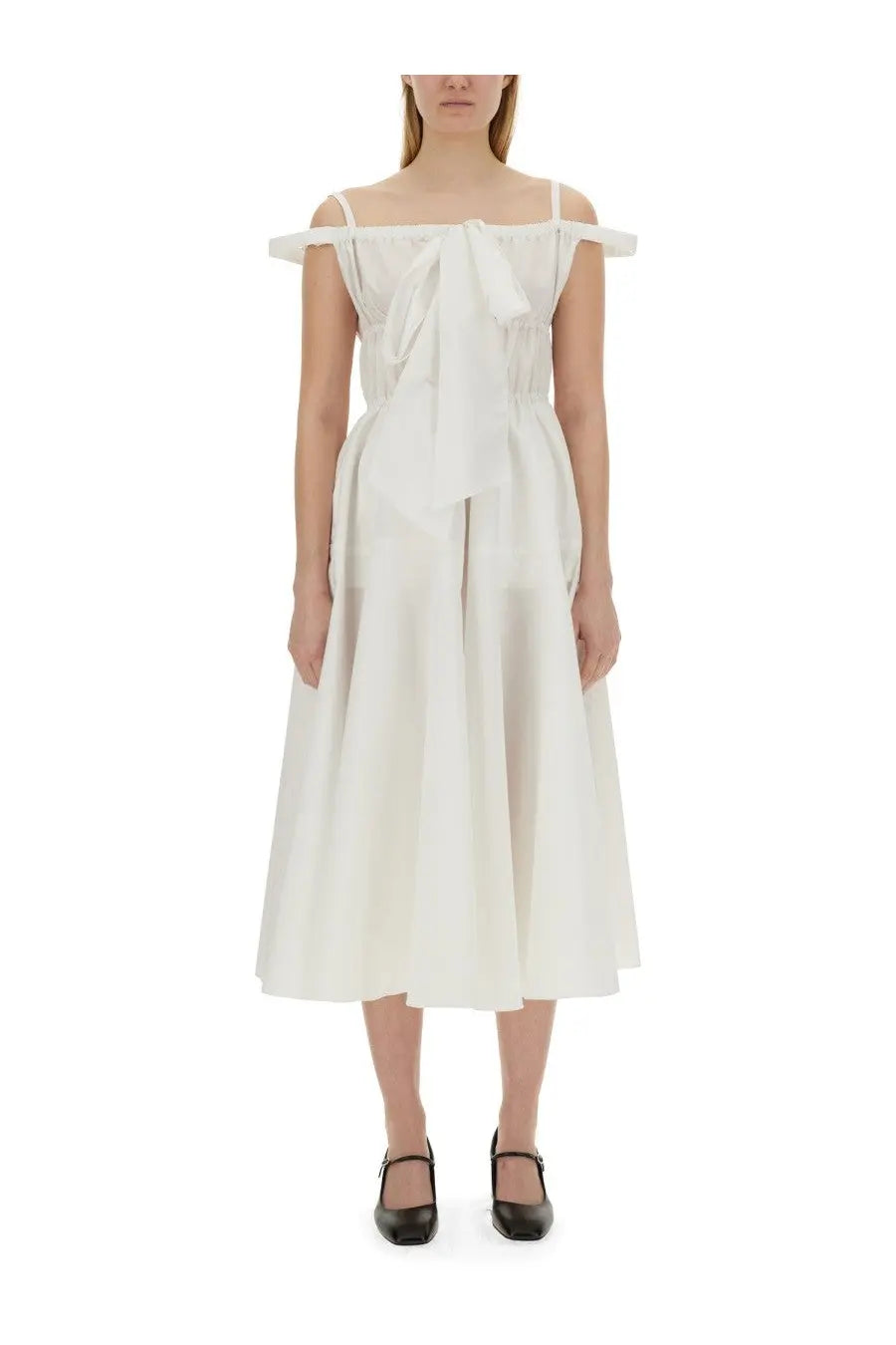 Patou women’s white long off the shoulder midi dress with gathered bodice and large bow at neckline