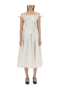 Patou women’s white long off the shoulder midi dress with gathered bodice and large bow at neckline