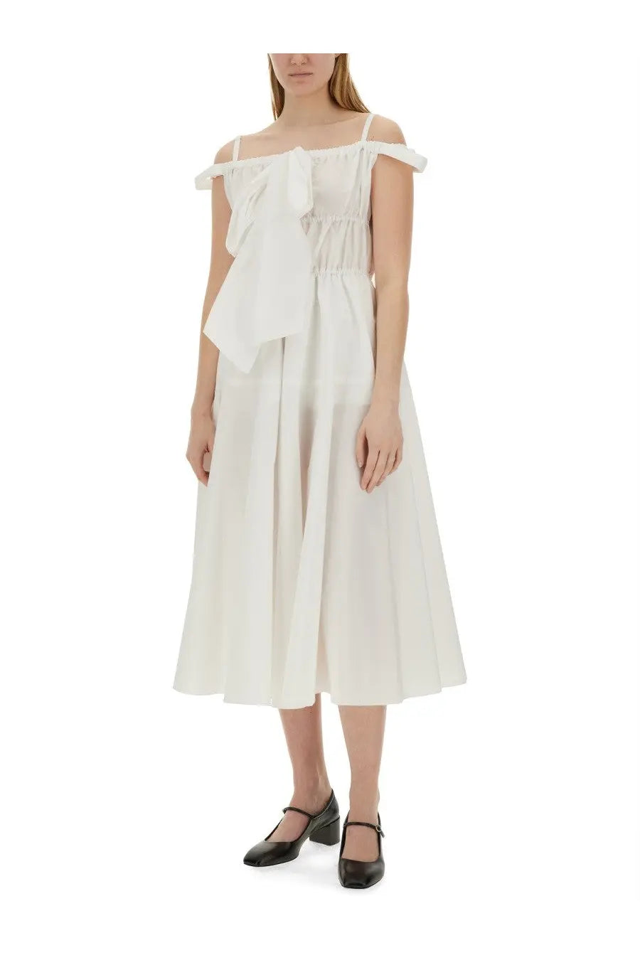 Patou women’s white off-the-shoulder midi dress with ruffled bodice and gathered waist in lightweight fabric
