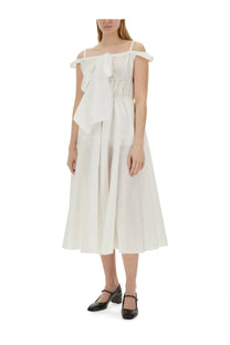 Patou women’s white off-the-shoulder midi dress with ruffled bodice and gathered waist in lightweight fabric