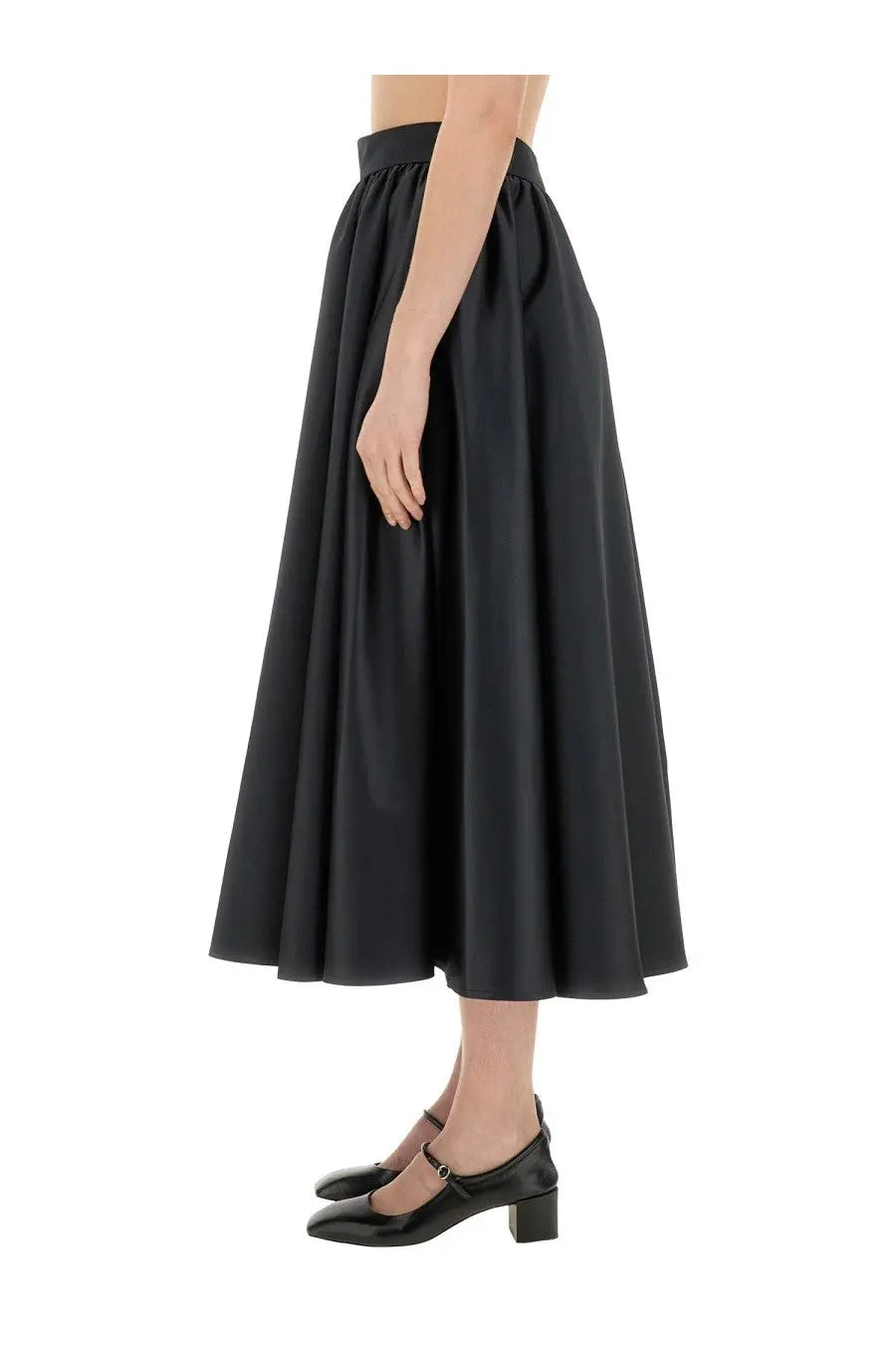 Patou women’s black high-waisted midi maxi skirt with a flowing pleated design in lightweight fabric