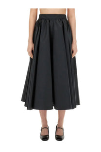 Patou women’s black satin a-line midi skirt with high waist and pleated design perfect for elegant occasions