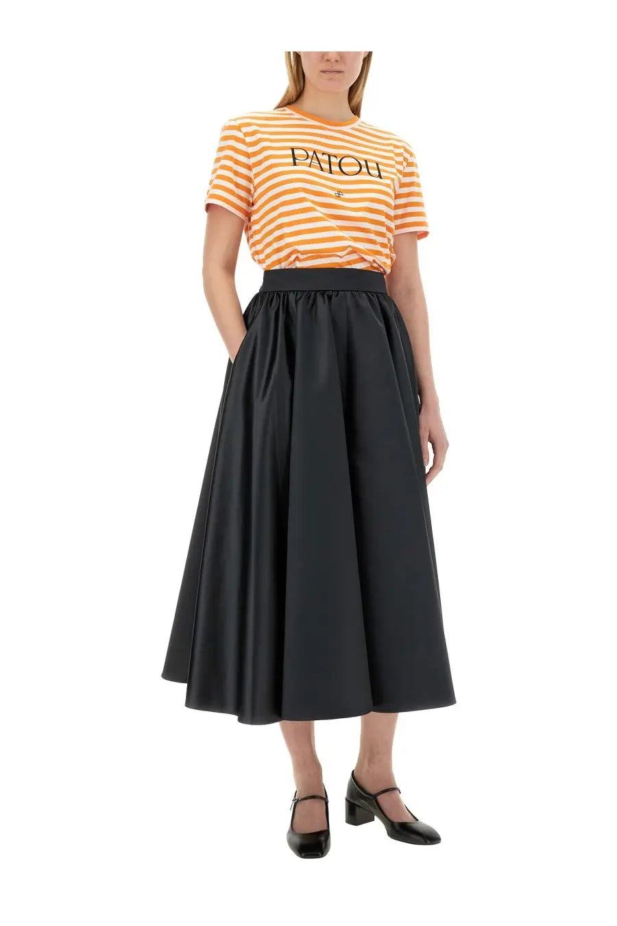 Patou women’s black satin midi skirt with high waisted elastic band and full flowing silhouette