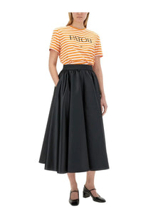 Patou women’s black satin midi skirt with high waisted elastic band and full flowing silhouette