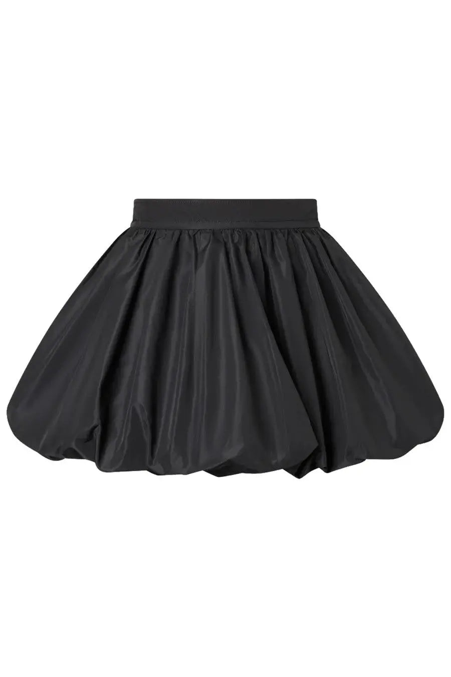 Patou women’s mini balloon skirt in black with puffy smooth shiny fabric and elastic waistband