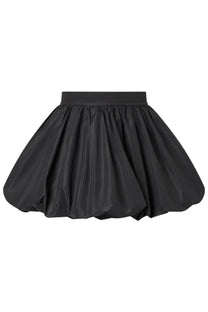 Patou women’s mini balloon skirt in black with puffy smooth shiny fabric and elastic waistband