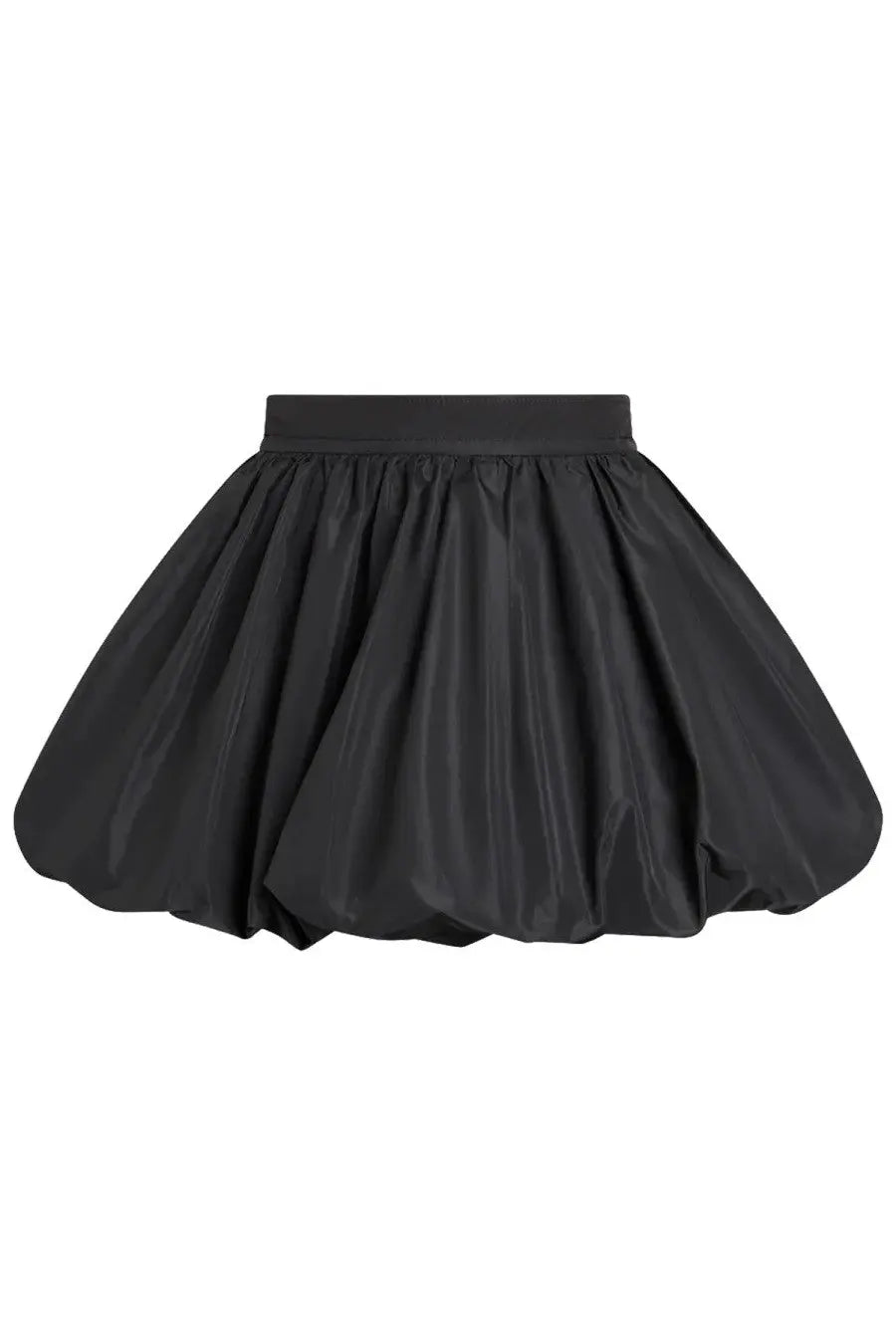 Patou women’s black satin mini balloon skirt with gathered waistband and full puffy silhouette