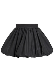 Patou women’s black satin mini balloon skirt with gathered waistband and full puffy silhouette
