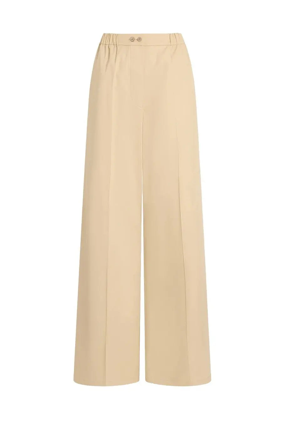 Patou women’s beige wide-leg trousers with elastic waistband and two front buttons for comfortable wear