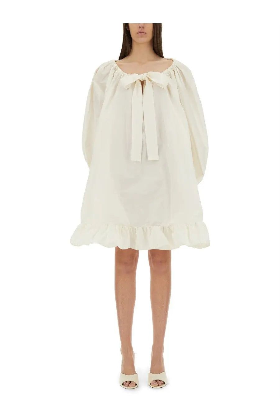 Off-white patou women’s loose-fitting dress with puffy sleeves and ruffled hem in soft flowing fabric