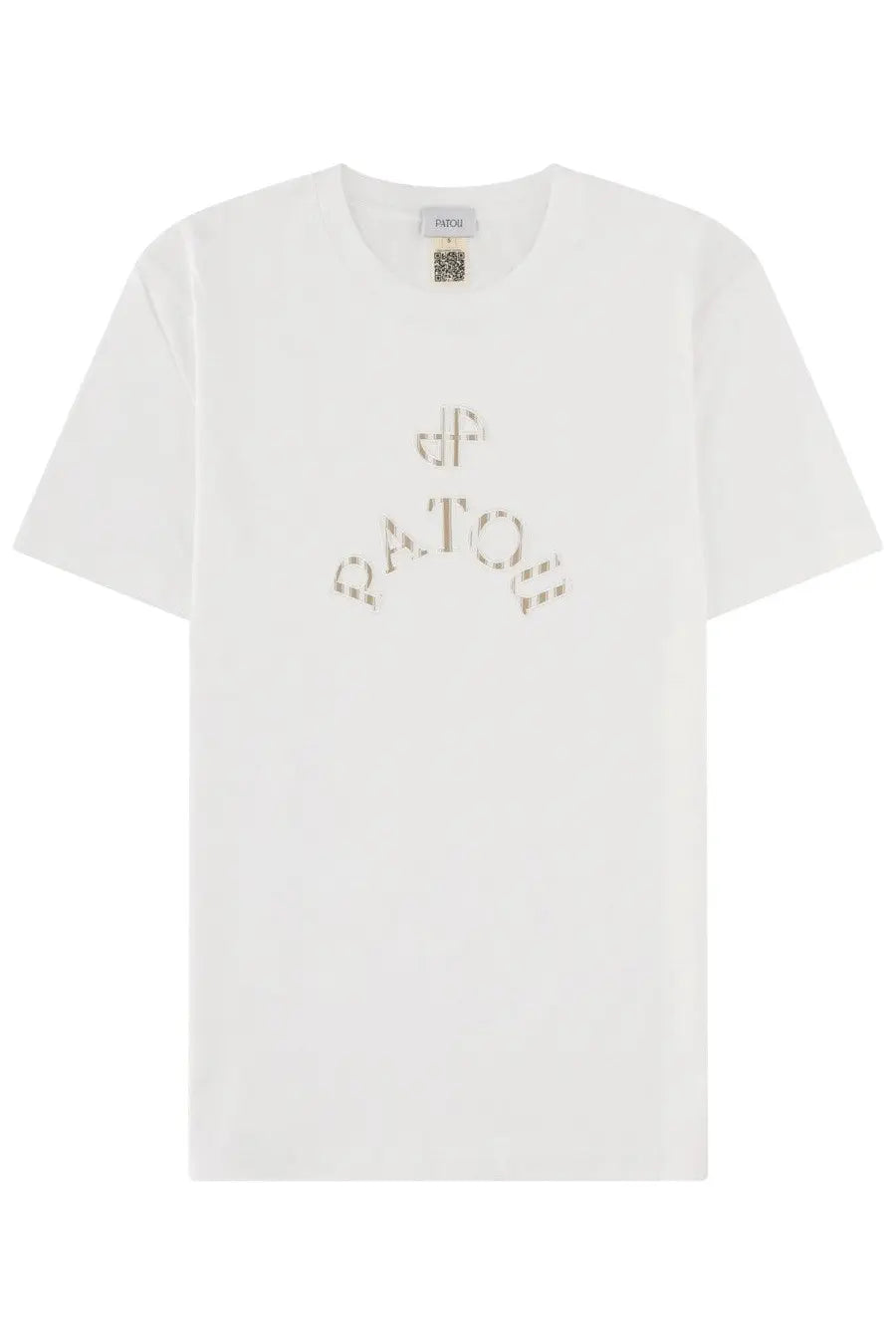 Patou women’s white cotton t-shirt with subtle metallic silver logo embroidered across the chest