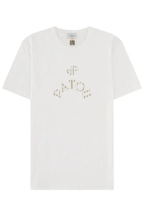 Patou women’s white cotton t-shirt with subtle metallic silver logo embroidered across the chest