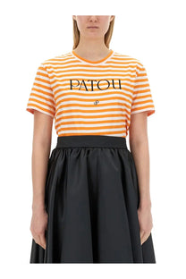 Patou women’s multicolor short-sleeved shirt with orange and white stripes and black patou lettering on chest