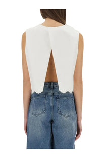 White sleeveless Patou women’s short poplin top with a back cutout and raw frayed hemline shown from the back