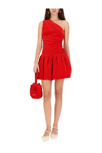 Patou women’s red velvet one shoulder mini dress with ruffled hem and bloomer effect front view