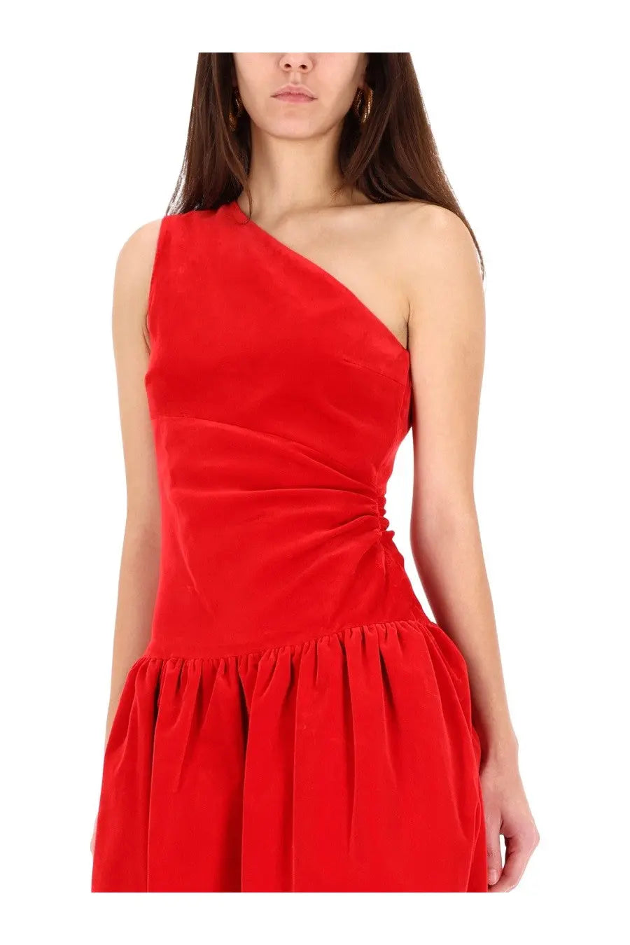 Patou women’s red velvet one shoulder mini dress with ruched bodice and flared skirt bloomer effect