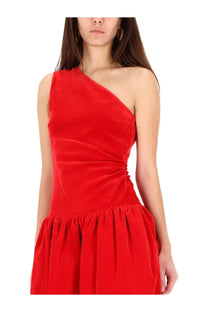 Patou women’s red velvet one shoulder mini dress with ruched bodice and flared skirt bloomer effect