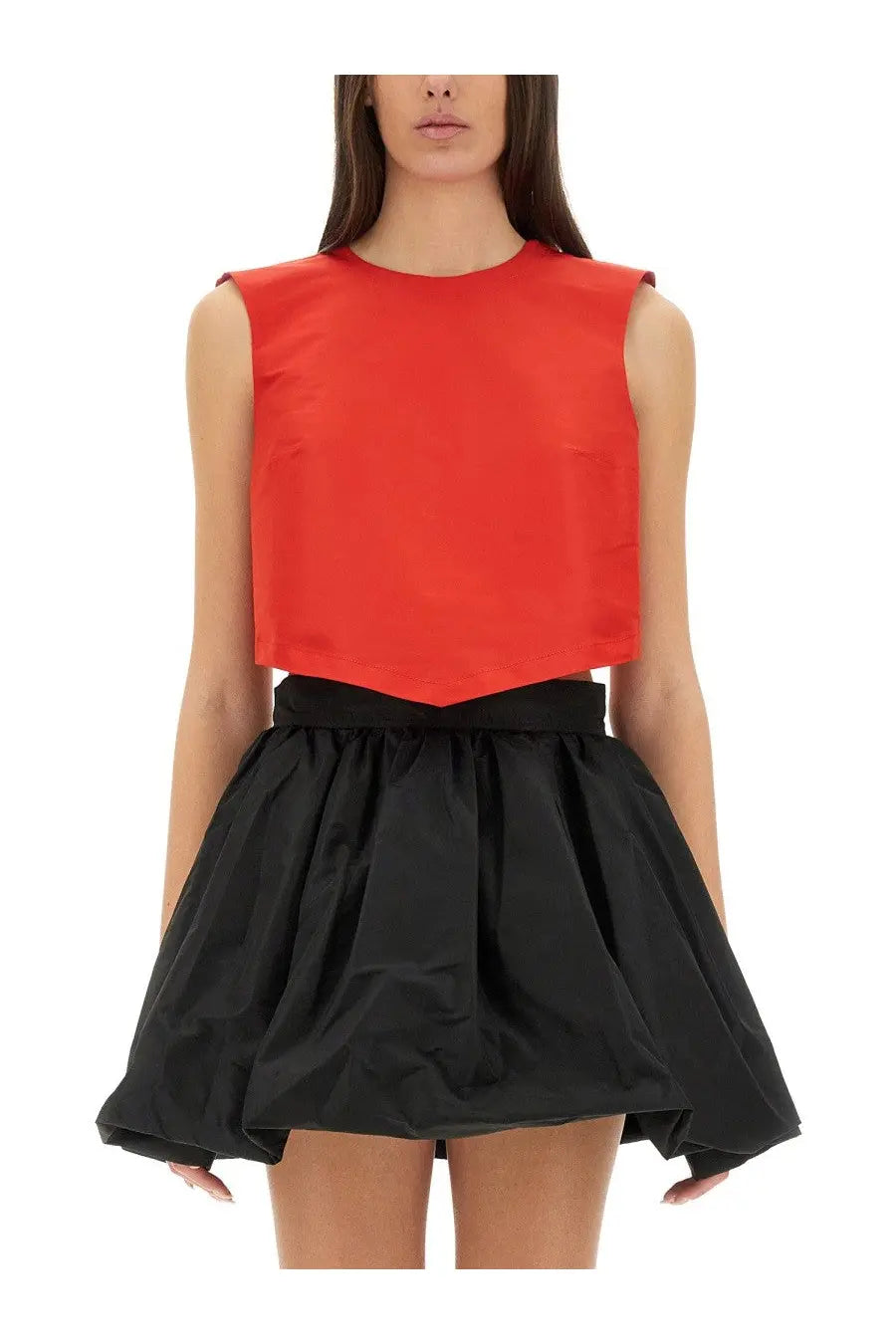 Patou women’s red sleeveless top with structured boxy silhouette and slightly asymmetrical hemline