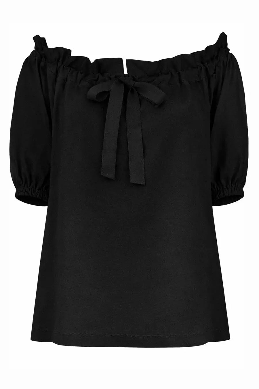 Patou women’s black off-the-shoulder blouse with puffed sleeves and tied bow at neckline in lightweight fabric