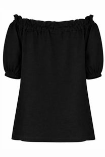 Black off-the-shoulder top with puffed sleeves and gathered neckline by patou womens top volume black