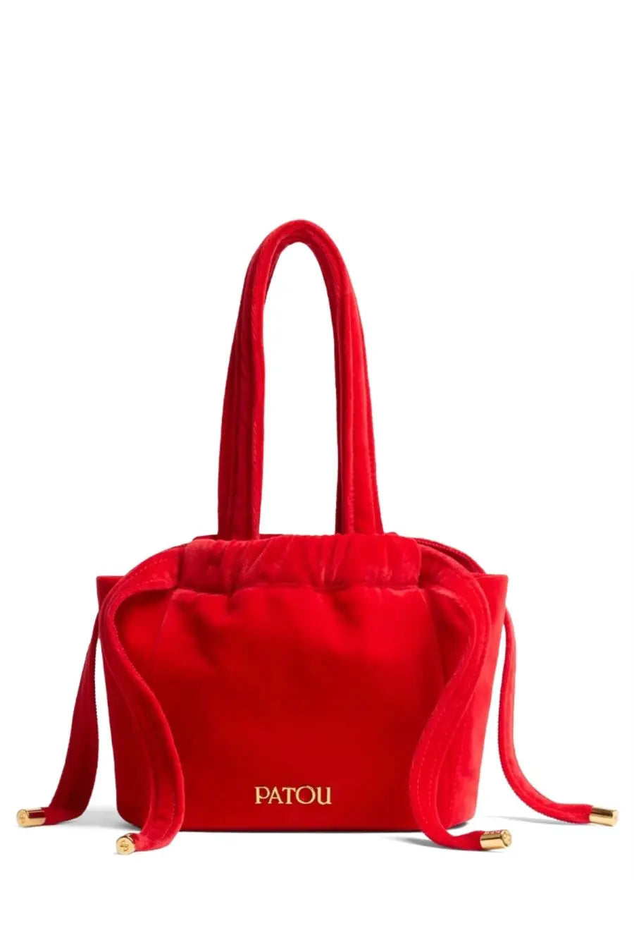 A vibrant red velvet clutch bag with gold hardware and patou brand name embroidered on the front