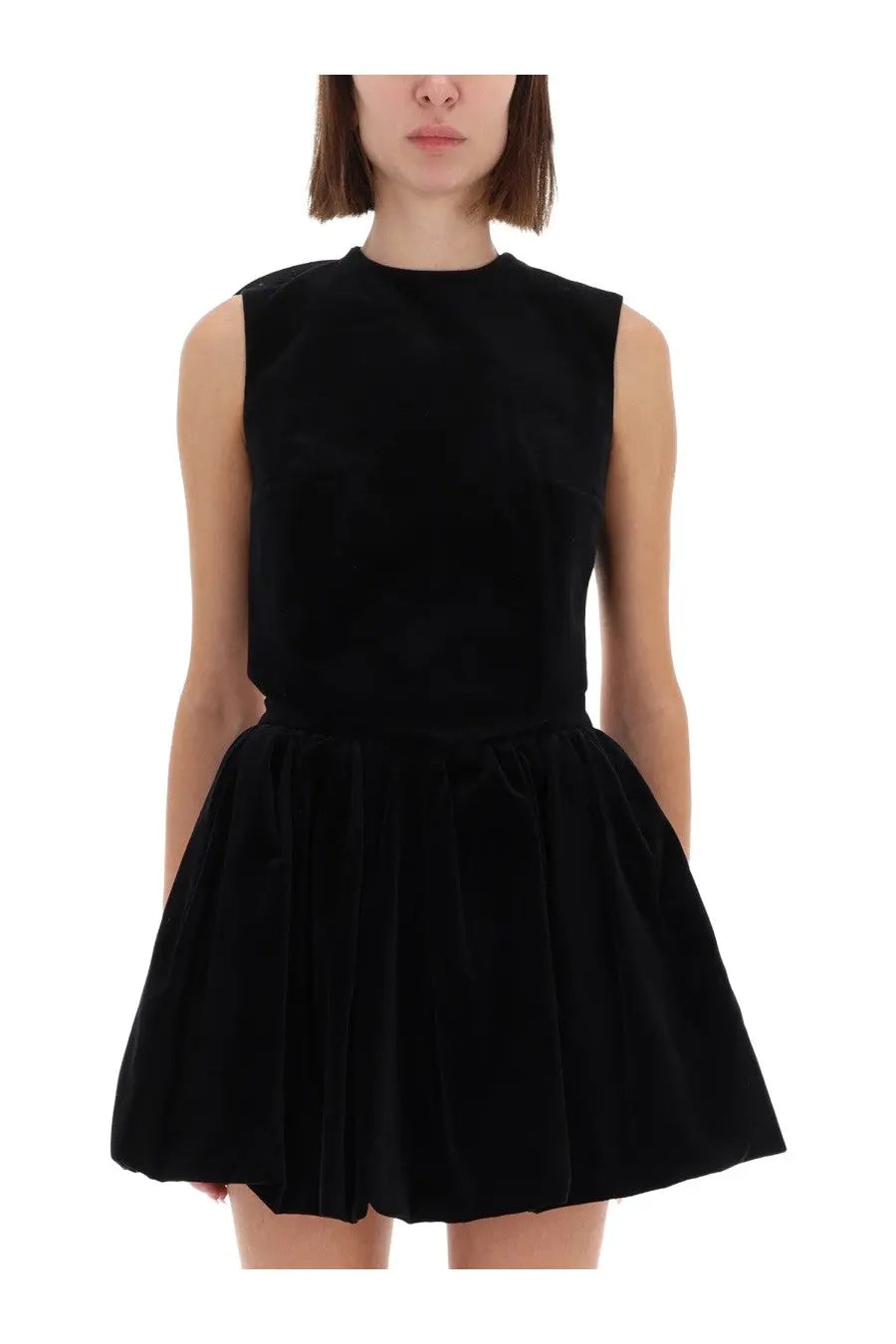 Black velvet sleeveless mini dress with fitted bodice and flared skirt from patou womens velvet foulard top black collection