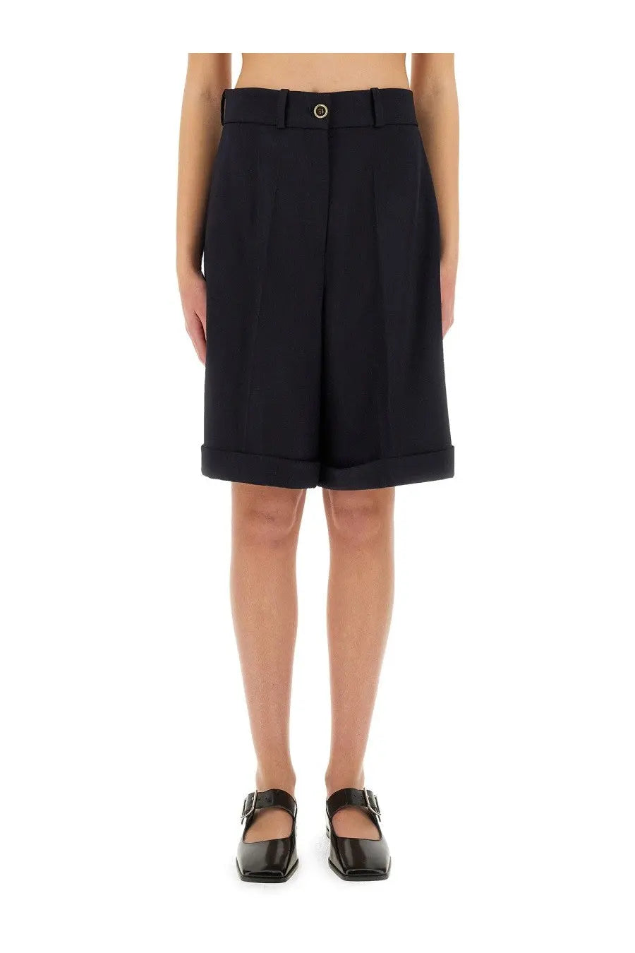 Patou women’s wool bermuda shorts in blue with high waist pleated design and rolled cuffs