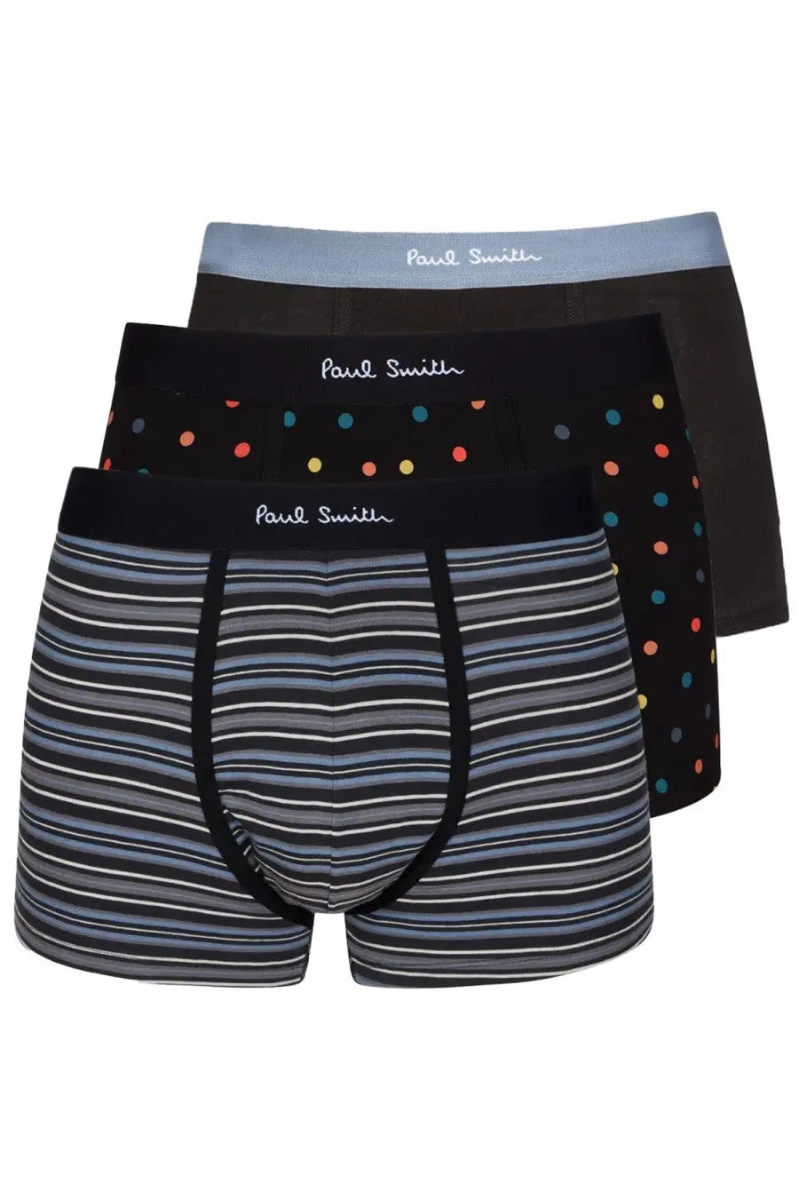 Paul Smith men’s boxer briefs set of three in black with striped and polka dot patterns and contrasting waistbands
