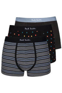 Paul Smith men’s boxer briefs set of three in black with striped and polka dot patterns and contrasting waistbands