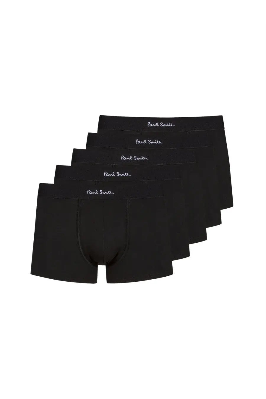 Black paul smith men’s boxer shorts with white embroidered branding on the waistband for comfortable everyday wear